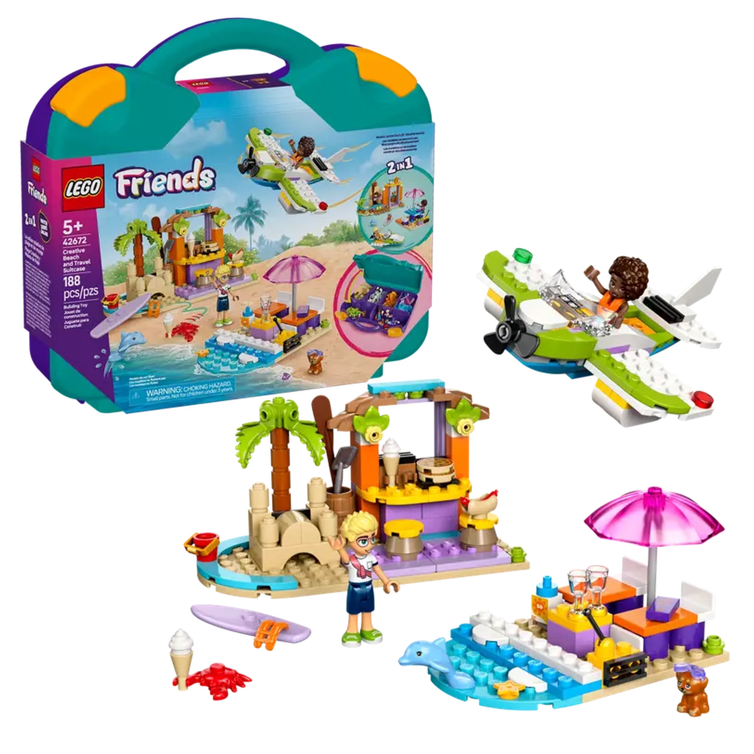Colorful LEGO® Friends Creative Beach and Travel Suitcase set featuring beach-themed scenes, a seaplane, and playful accessories.