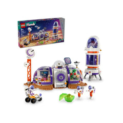 LEGO Friends Mars Space Base set featuring a rocket, research base with domes, and three astronaut mini-dolls exploring a Martian landscape.