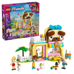 LEGO® Friends Pet Accessories Shop set showcases a colorful building with a friendly dog facade. Three minidolls interact with a dog, cat, and bunny, surrounded by various pet care accessories. Lively details include palm trees and playful items scattered around, encouraging imaginative play for children aged 6 and up.