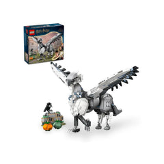 LEGO Harry Potter Buckbeak construction set featuring a detailed, posable Hippogriff and elements from Hagrid's yard, including pumpkins.