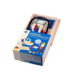 Prebaro Carpenter's Case with 20-piece fretsaw set in a wooden box, featuring tools and colorful packaging.