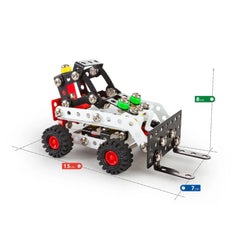 Metal construction toy with black, white, and red parts, featuring wheels and a mechanical front, measuring 15x7x8 cm.