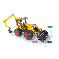 Yellow and black toy backhoe model with red wheels and metal connectors, measuring 20 cm by 10 cm by 10 cm.