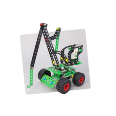 Colorful construction crane model from Alexander Manta set, featuring green and black metal plates and red wheels.