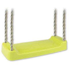 Bright green swing seat with four sturdy ropes, designed for outdoor play.
