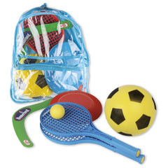 Clear backpack with colorful beach toys including rackets, a frisbee, boomerang, sponge ball, and bocce balls.