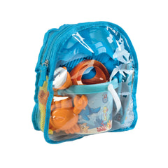 Transparent blue backpack with beach sand toys, including an orange crab, blue bucket, and inflatable armbands.