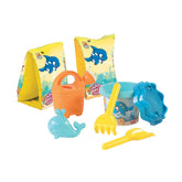 Colorful Androni beach set with yellow arm bands, blue bucket, orange watering can, whale mold, yellow rake and shovel.