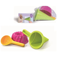 Colorful Androni Cake Sand Mold Set with green funnel, yellow spatula, and pink mold, inspiring creative beach play.