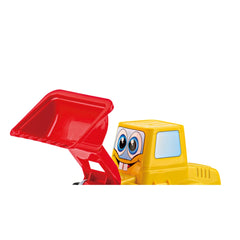 Yellow bulldozer toy with expressive eyes and a red scoop, designed for imaginative play.