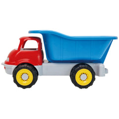 Colorful Androni pickup truck toy with red cab, blue tilting cargo bed, and yellow wheels on a white background.