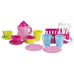 Colorful Androni picnic set with pink and yellow play cups, plates, utensils in a red basket, and a pink coffee pot.