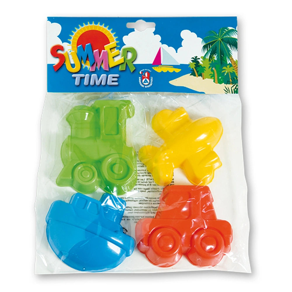 Colorful sand moulds set featuring green tractor, yellow airplane, blue boat, and red car in plastic packaging.