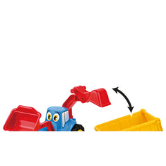 Red and blue toy tractor with expressive eyes, featuring a red digger shovel and yellow trailer, ideal for imaginative play.