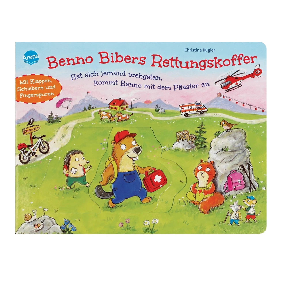 ARENA - Benno Biber Helps Everyone book cover featuring a squirrel with a first aid kit in a vibrant, playful scene.