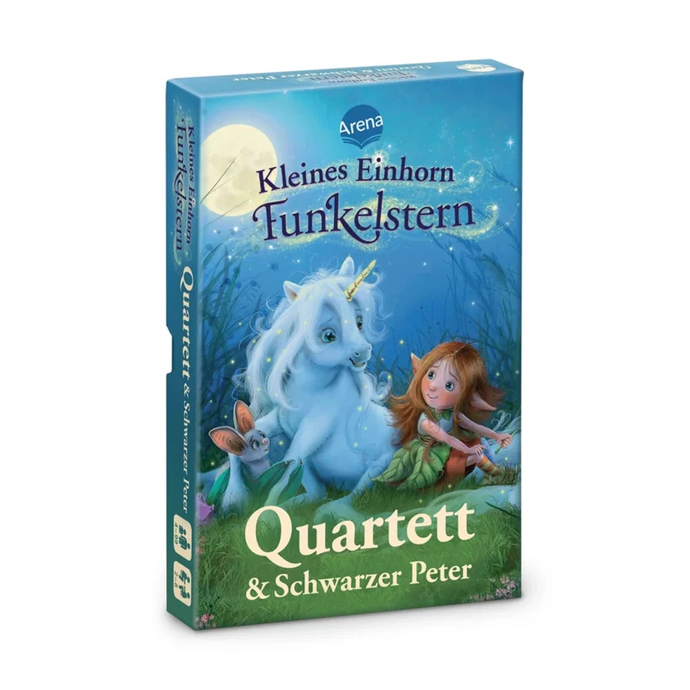 ARENA - Kleines Einhorn Funkelstern card game cover featuring a unicorn and girl in a whimsical nighttime scene.