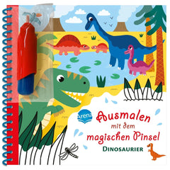ARENA - Magic Painting Brush Dinosaur Themed book features vibrant dinosaur illustrations in a playful prehistoric landscape.