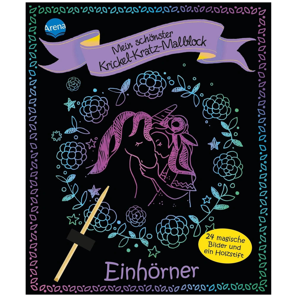 ARENA Mein schönster Krickel-Kratz-Malblock features a whimsical coloring page with decorative elements and a central face il