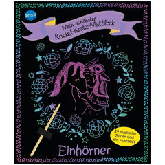ARENA Mein schönster Krickel-Kratz-Malblock features a whimsical coloring page with decorative elements and a central face il