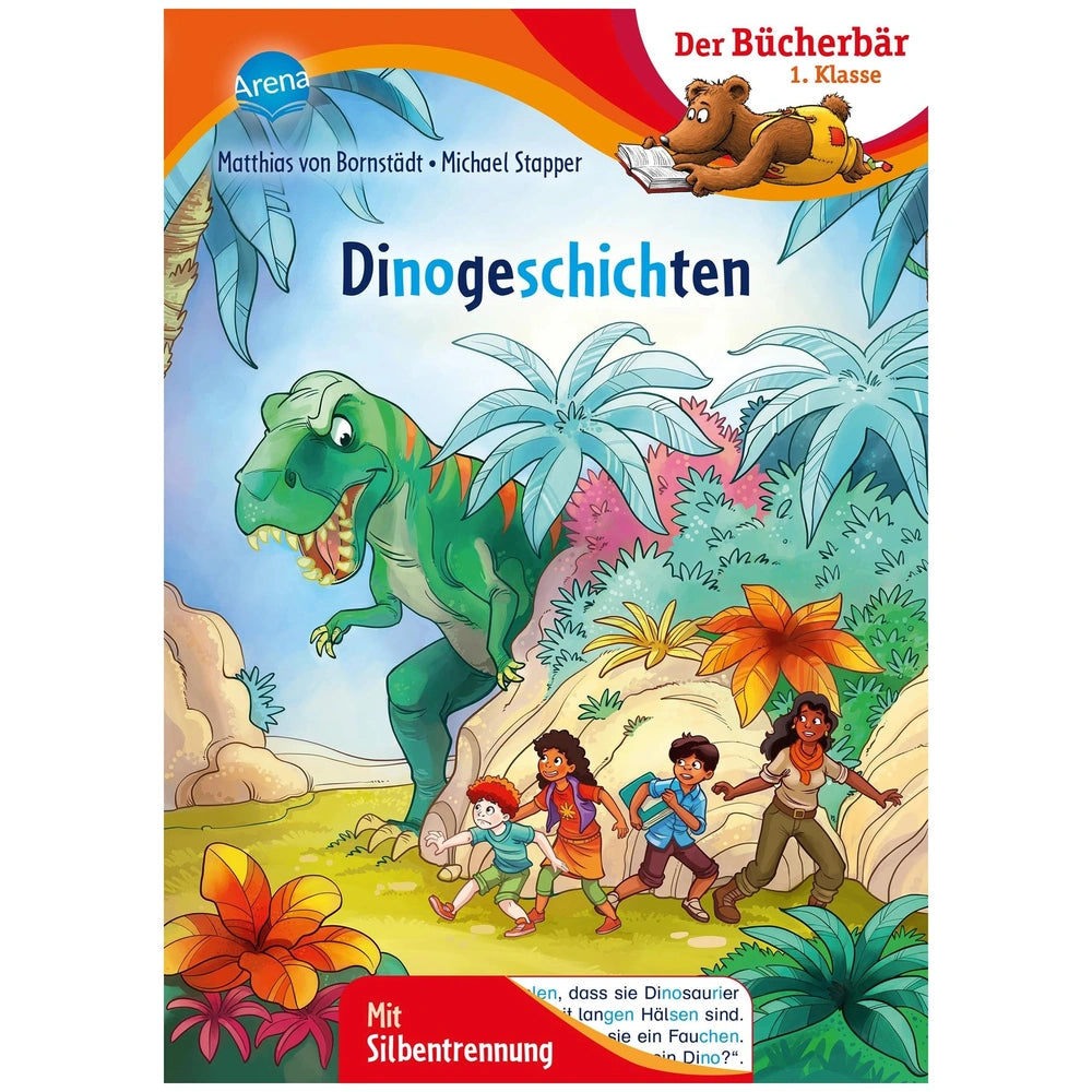 ARENA - Reading Learning with the Book Bear - Dinogeschichten cover featuring a cartoon T-Rex and adventurous children in a t