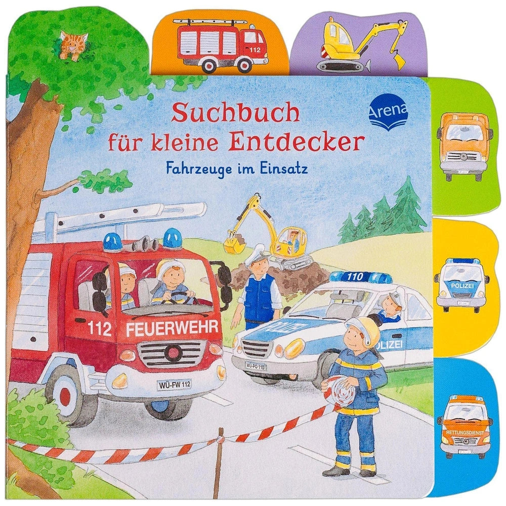 ARENA Search Book for Little Explorers features vibrant emergency services illustrations appealing to young readers.