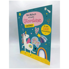 ARENA Unicorn Coloring Book with Glitter Stones features a colorful cover showcasing playful unicorn illustrations and sparkl