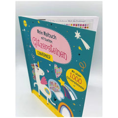 ARENA Unicorn Coloring Book with glitter stones featuring a vibrant cover illustration of a whimsical unicorn and colorful el