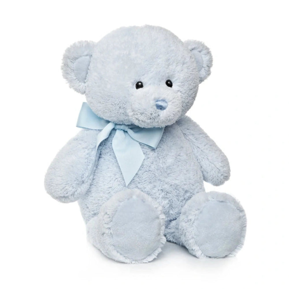 Baby blue plush bear with a grosgrain ribbon bow, sitting upright. Soft and cuddly design, perfect for infants and toddlers.