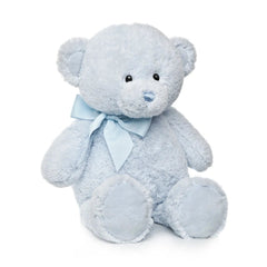 Baby blue plush bear with a grosgrain ribbon bow, sitting upright. Soft and cuddly design, perfect for infants and toddlers.
