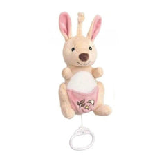 Pink baby kangaroo carillon plush with embroidered flowers, long ears, and pull cord for lullaby music.