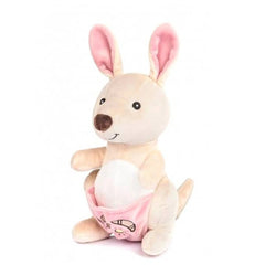 Soft beige kangaroo plush with pink ears and pouch, sitting upright. Features embroidered details and a friendly expression.