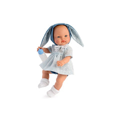 ASI Dolls Alex Bunny Doll in a light blue polka dot dress with bunny ears, holding a baby bottle.