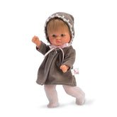 ASI Dolls Bonboncin in gray coat, wearing a pink bow, white leggings, raising arm, with detailed facial expression.