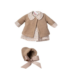ASI Dolls Cherry Collection outfit features a light brown jacket with collar and hat adorned with a pink bow, displayed flat.