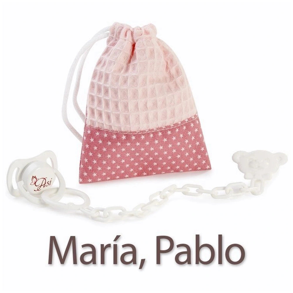 Pink bag with white stars and a pacifier for María and Pablo dolls.