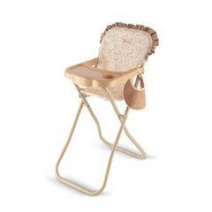 ASI Dolls High Chair with Tray and Bib features a cushioned floral seat and beige base, perfect for imaginative play.
