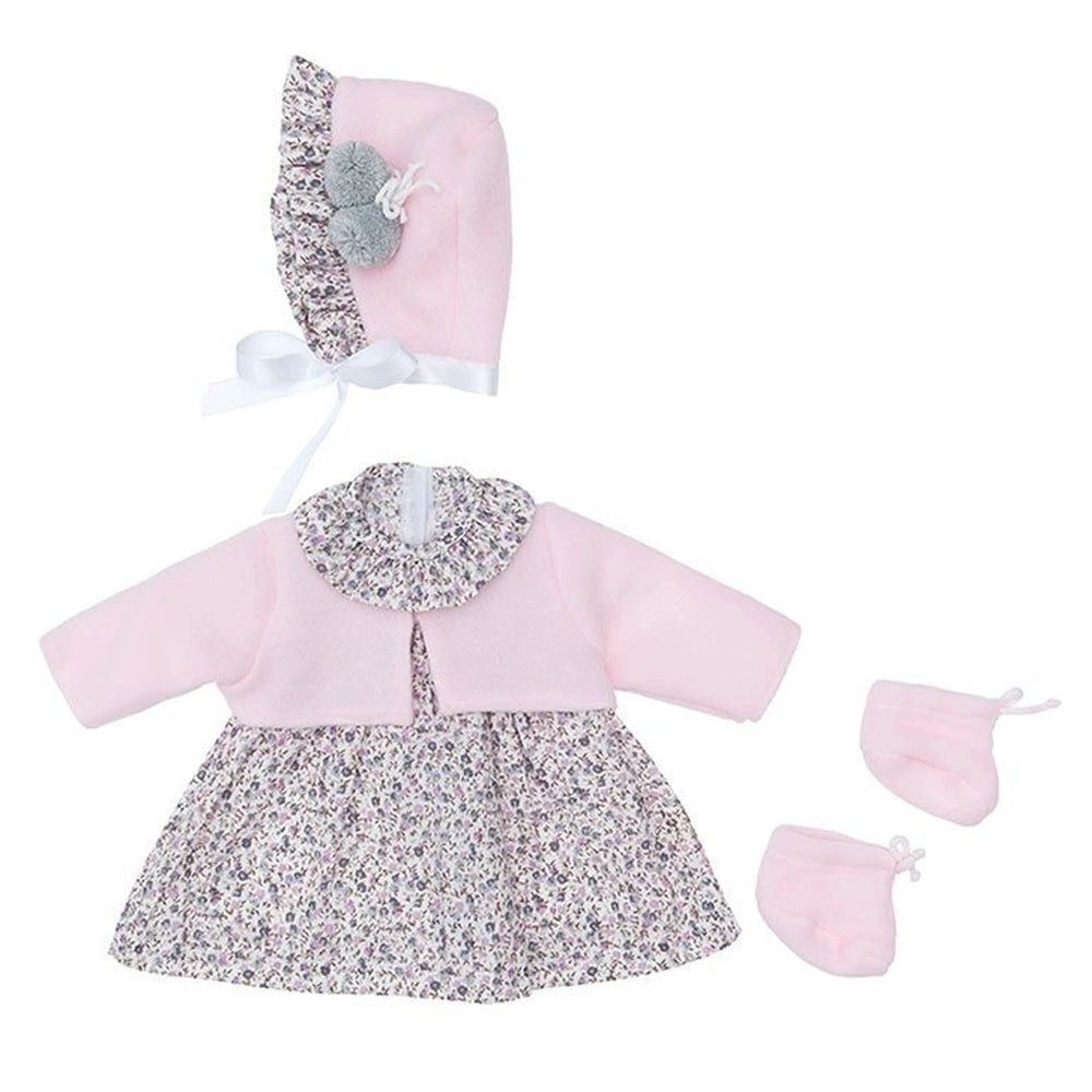 Pink jacket, grey floral dress, matching hat, and booties for 46 cm Así dolls, elegant and durable for imaginative play.