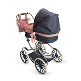 Luxurious doll stroller with navy hood, pink interior, floral trim, and elegant design, perfect for imaginative play.