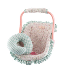 Soft pink Maxi-Cosi for dolls, floral fabric with ruffles, and green checkered neck cushion from ASI Dolls Cloe Collection.