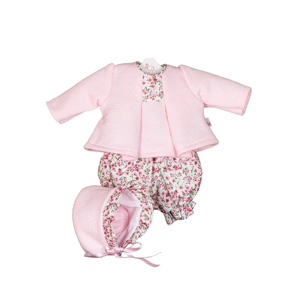 ASI Dolls outfit for 36cm doll featuring a pink floral jacket, hat, and pants, all in soft pastel colors.