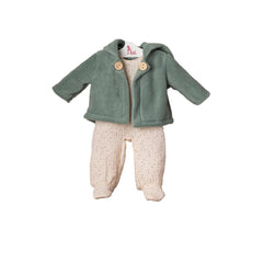 ASI Dolls Pablo Outfit Iris Collection features a cozy light green jacket with beige dotted pants for toddlers.