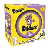 ASMODEE Dobble card game packaging in purple with yellow accents, featuring playful graphics and symbols for the matching game.
