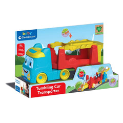 Baby Clementoni 2 In 1 Tumbling Cars Transporter features a blue truck and red train in glossy cardboard packaging with clear