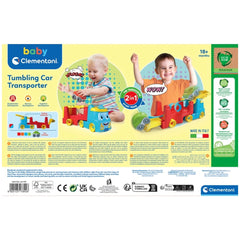 Baby Clementoni 2 In 1 Tumbling Cars Transporter packaging features a smiling child with a red and yellow toy train on a glos