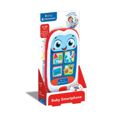 Baby smartphone toy in colorful design, packaged in red and white cardboard with a clear window, suitable for ages 6-36 month