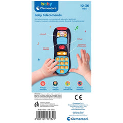 Baby Clementoni toy phone features colorful buttons, a cartoon screen, and a playful design on a light blue background.