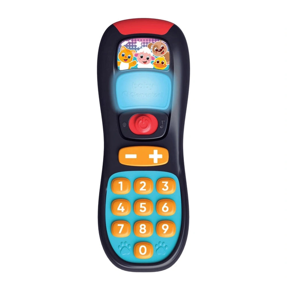 Baby Clementoni toy remote control features a colorful design with a black body, illuminated screen, and cartoon characters.