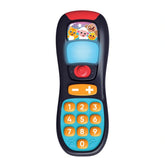 Baby Clementoni toy remote control features a colorful design with a black body, illuminated screen, and cartoon characters.