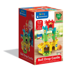 Baby Clementoni Ball Drop Castle toy in yellow and green plastic, displayed in red cardboard packaging with white and blue te
