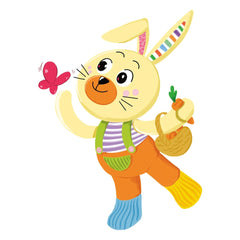 Benny the Puppy stuffed animal features pale yellow fur, striped clothing, holding a glossy carrot in a brown basket.